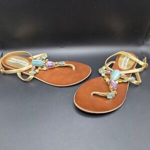 Charles David Womens Gold Jeweled Thong Sandals Flat Strappy Boho Size 6B